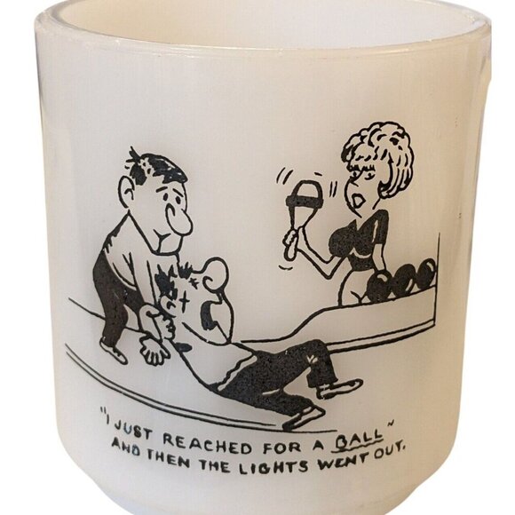 Vintage Glasbake White Glass Mug Comical Bowling Cartoon Comic Funny Novelty - Picture 2 of 7